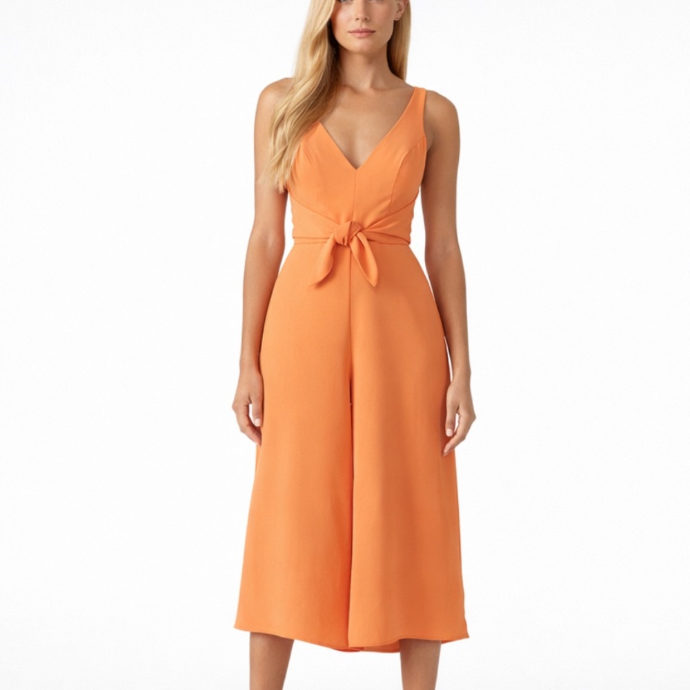 •Amanda Uprichard Orange Sleeveless V-Neck Tie-Waist Jumpsuit•